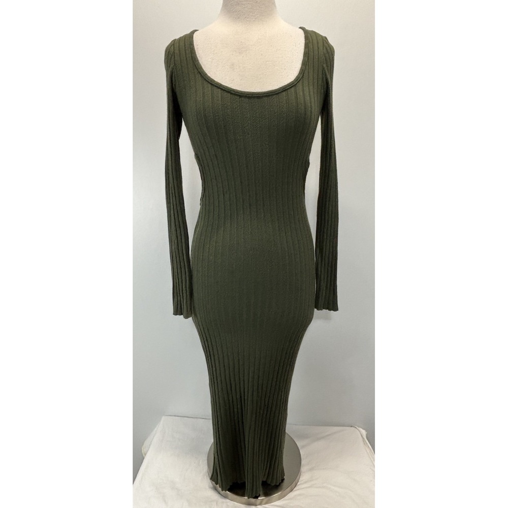 NEW! Zara Knit Sweater Midi Dress Sz Medium Green Rib Cutout Stretch Ribbed
